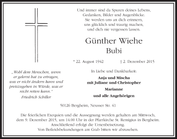 Anzeige von Günther Wiehe von  Sonntags-Post 