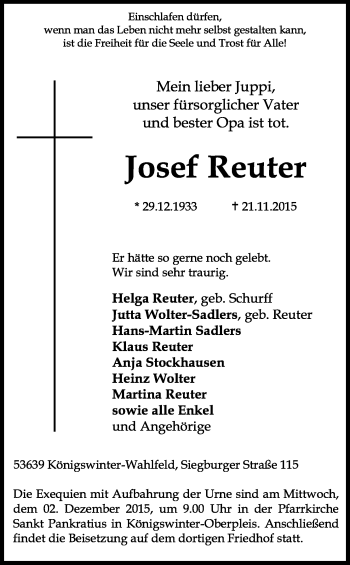 Anzeige von Josef Reuter von Kölner Stadt-Anzeiger / Kölnische Rundschau / Express