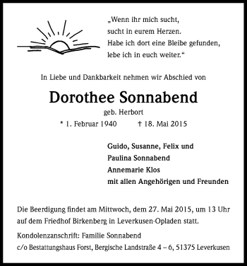 Anzeige von Dorothee Sonnabend von Kölner Stadt-Anzeiger / Kölnische Rundschau / Express