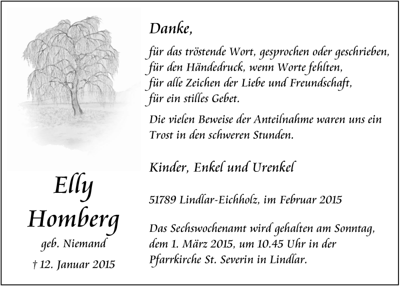  Traueranzeige für Elly Homberg vom 25.02.2015 aus  Anzeigen Echo 