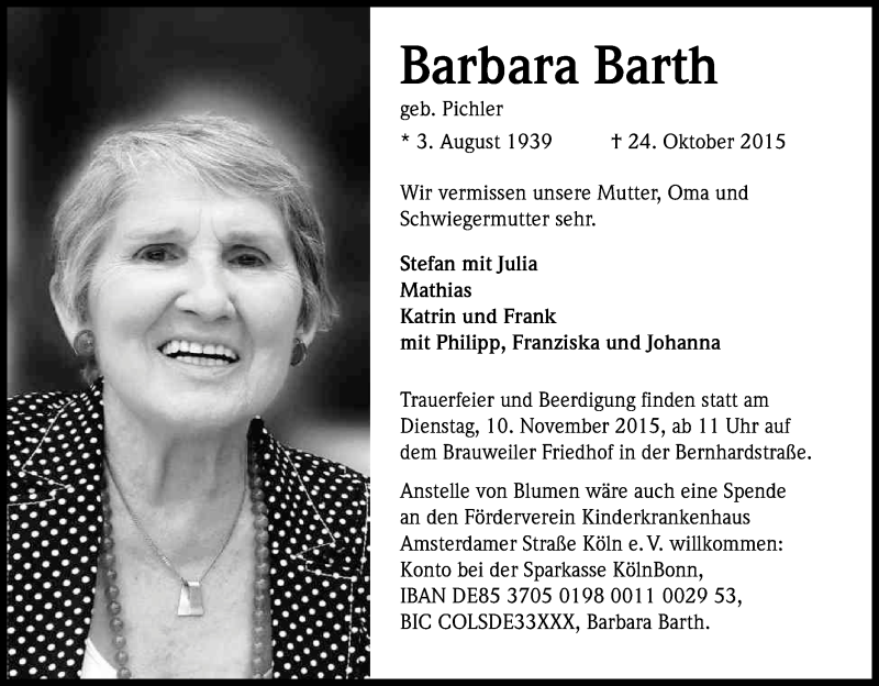  Traueranzeige für Barbara Barth vom 05.11.2015 aus Kölner Stadt-Anzeiger / Kölnische Rundschau / Express