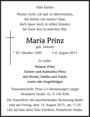 Anzeige von Maria Prinz von  Kölner Wochenspiegel 