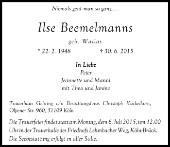 Anzeige von Ilse Beemelmanns von Kölner Stadt-Anzeiger / Kölnische Rundschau / Express