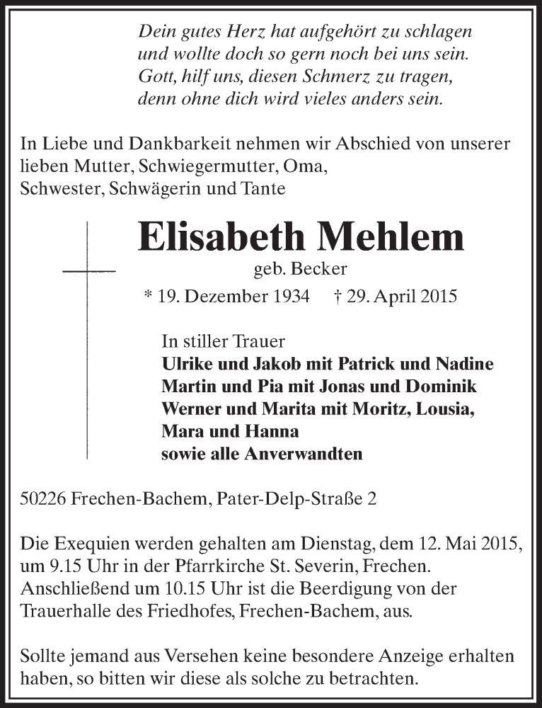  Traueranzeige für Elisabeth Mehlem vom 09.05.2015 aus  Sonntags-Post 