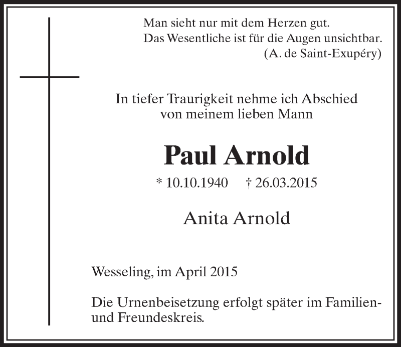  Traueranzeige für Paul Arnold vom 01.04.2015 aus  Schlossbote/Werbekurier 