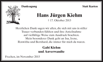 Anzeige von Hans Jürgen Kiehm von  Wochenende 