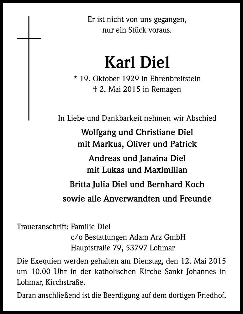  Traueranzeige für Karl Diel vom 09.05.2015 aus Kölner Stadt-Anzeiger / Kölnische Rundschau / Express