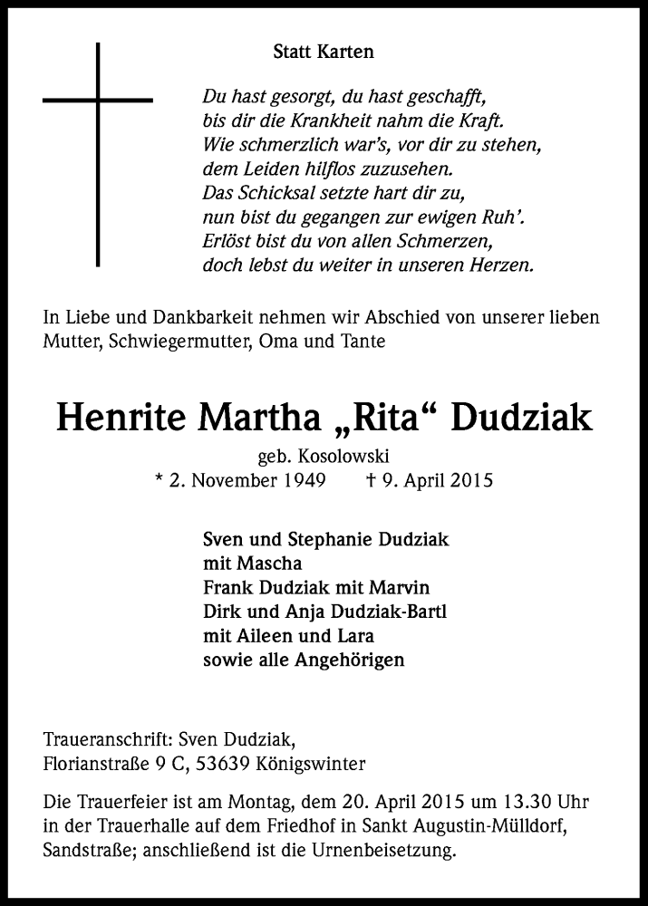  Traueranzeige für Henrite Martha  Dudziak vom 11.04.2015 aus Kölner Stadt-Anzeiger / Kölnische Rundschau / Express