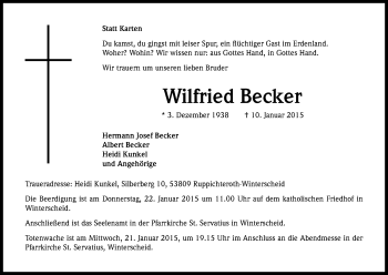 Anzeige von Wilfried Becker von Kölner Stadt-Anzeiger / Kölnische Rundschau / Express