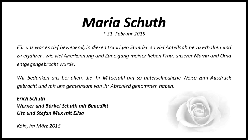  Traueranzeige für Maria Schuth vom 21.03.2015 aus Kölner Stadt-Anzeiger / Kölnische Rundschau / Express