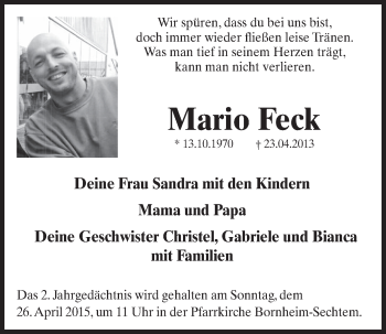 Anzeige von Mario Feck von Köln - Wir Trauern