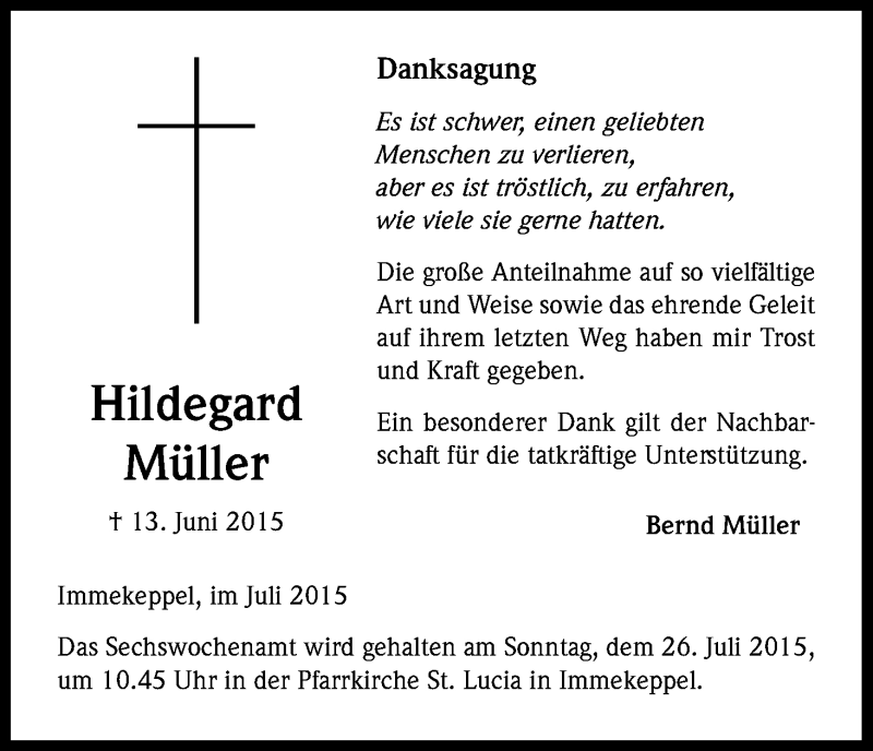  Traueranzeige für Hildegard Müller vom 22.07.2015 aus Kölner Stadt-Anzeiger / Kölnische Rundschau / Express