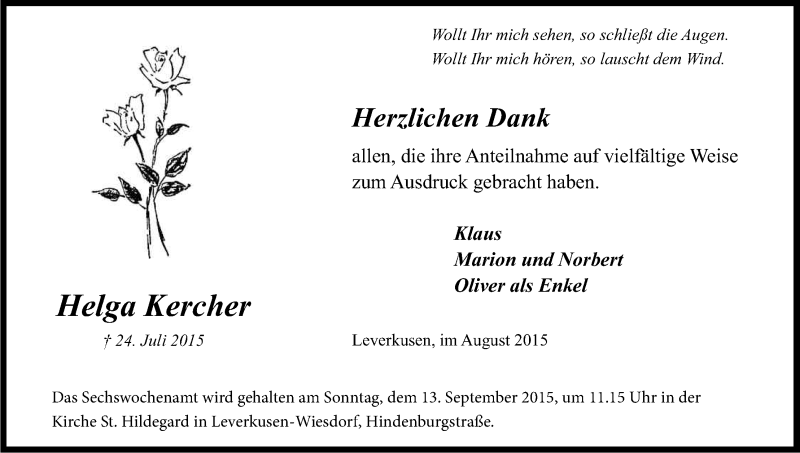  Traueranzeige für Helga Kercher vom 29.08.2015 aus Kölner Stadt-Anzeiger / Kölnische Rundschau / Express