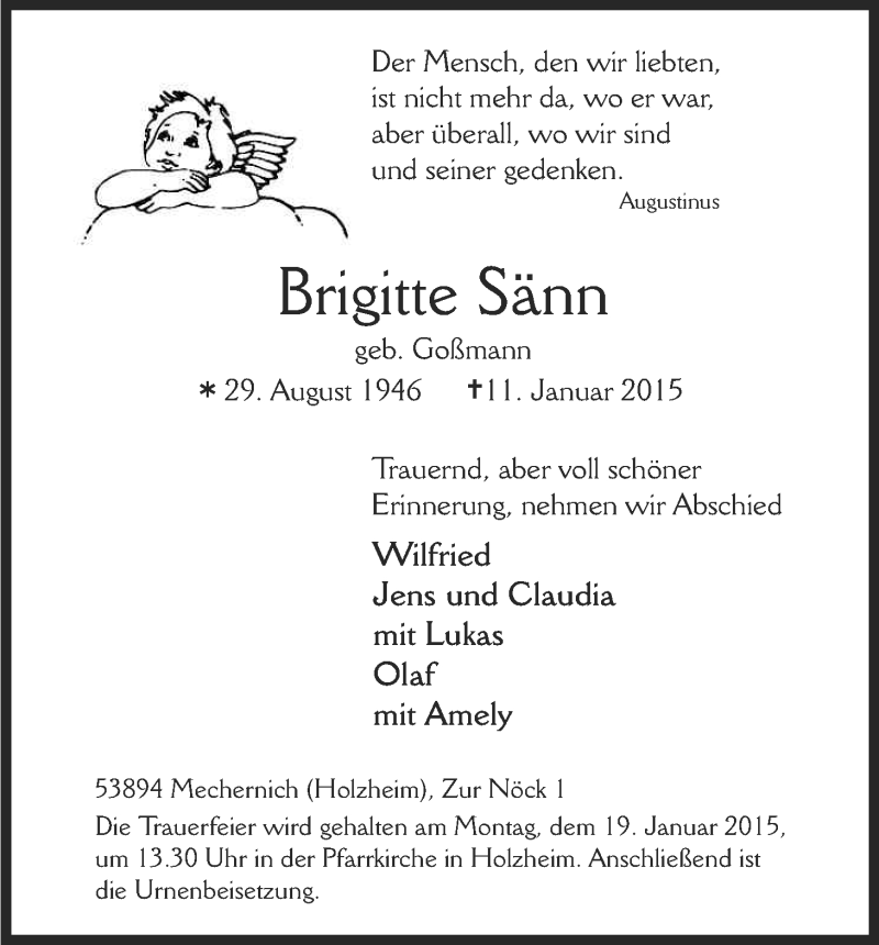  Traueranzeige für Brigitte Sänn vom 15.01.2015 aus Kölner Stadt-Anzeiger / Kölnische Rundschau / Express