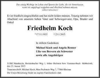 Anzeige von Friedhelm Koch von Kölner Stadt-Anzeiger / Kölnische Rundschau / Express
