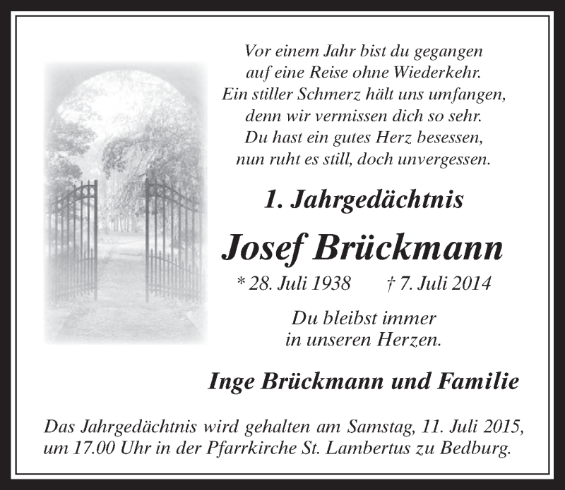  Traueranzeige für Josef Brückmann vom 08.07.2015 aus  Werbepost 
