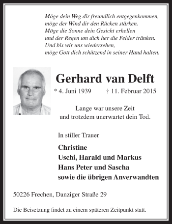 Anzeige von Gerhard van Delft von  Wochenende 