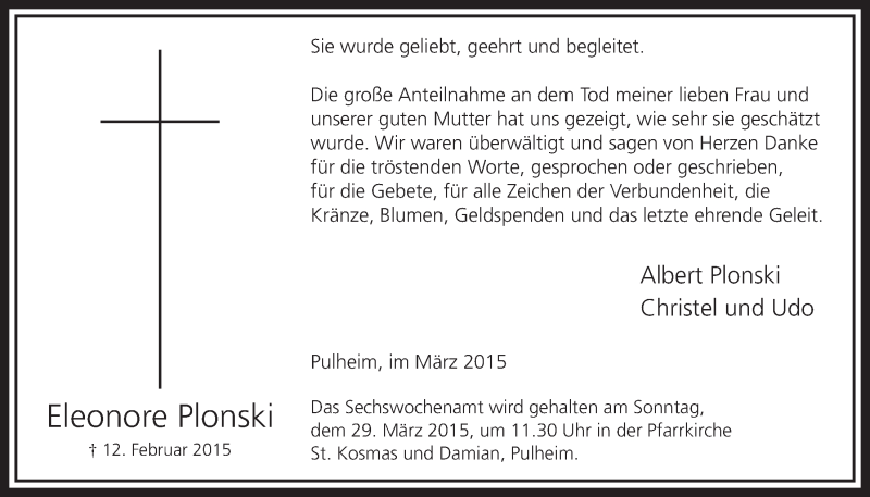  Traueranzeige für Eleonore Plonski vom 21.03.2015 aus  Sonntags-Post 