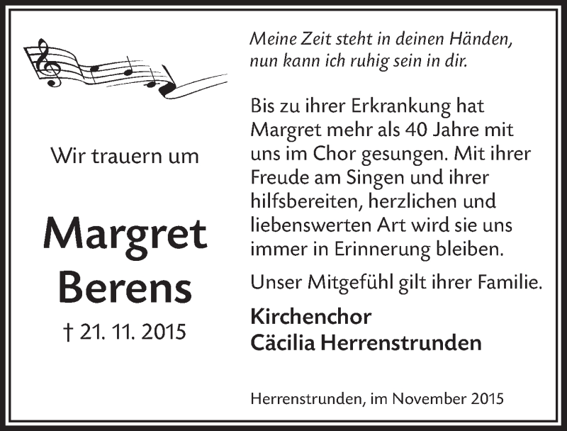  Traueranzeige für Margret Berens vom 02.12.2015 aus  Bergisches Handelsblatt 