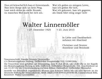 Anzeige von Walter Linnemöller von Kölner Stadt-Anzeiger / Kölnische Rundschau / Express