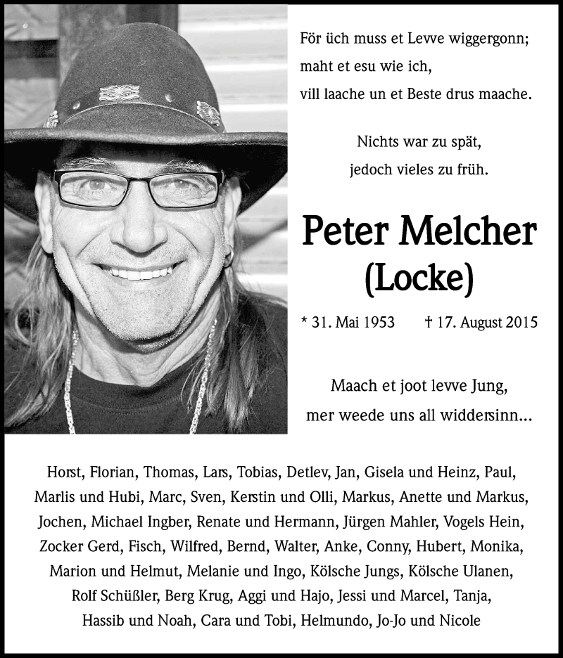  Traueranzeige für Peter Melcher vom 29.08.2015 aus Kölner Stadt-Anzeiger / Kölnische Rundschau / Express