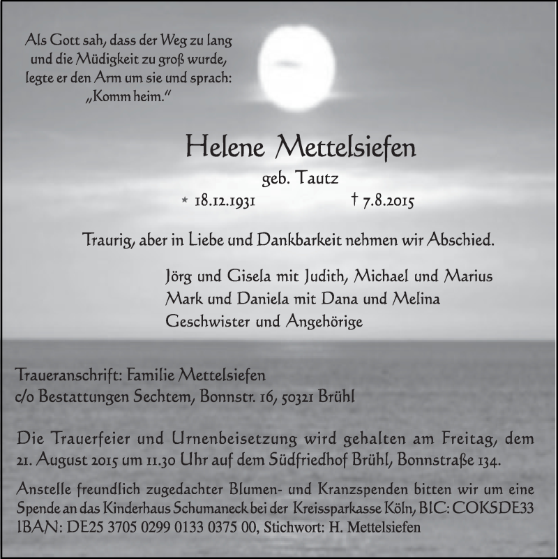  Traueranzeige für Helene Mettelsiefen vom 12.08.2015 aus  Schlossbote/Werbekurier 