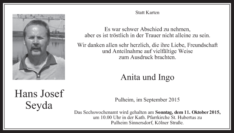  Traueranzeige für Hans Josef Seyda vom 09.09.2015 aus  Wochenende 