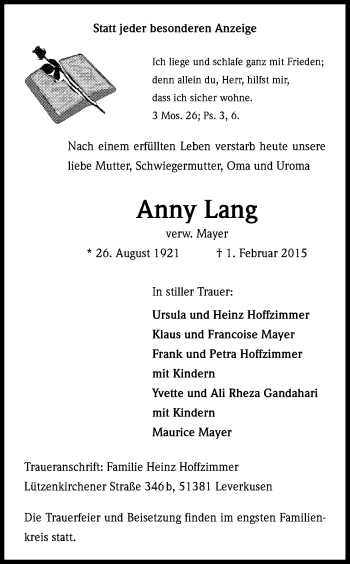 Anzeige von Anny Lang von Kölner Stadt-Anzeiger / Kölnische Rundschau / Express