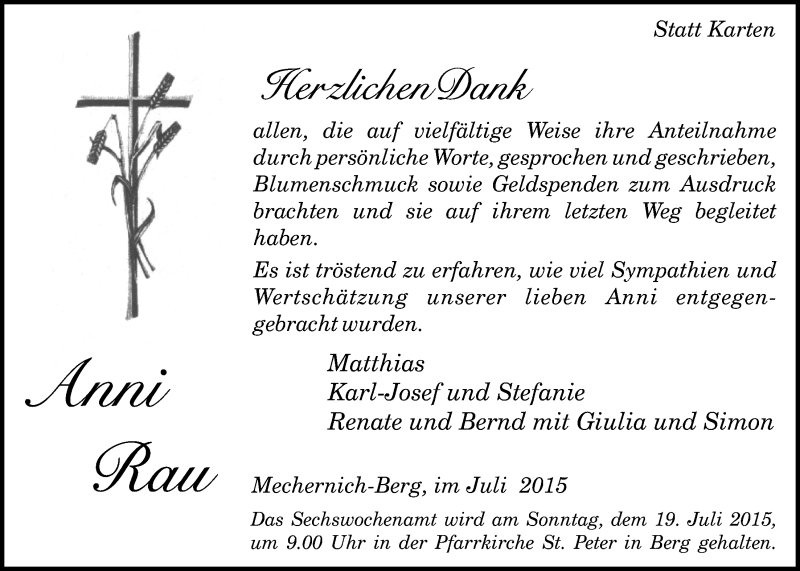  Traueranzeige für Anni Rau vom 12.07.2015 aus  Blickpunkt Euskirchen 