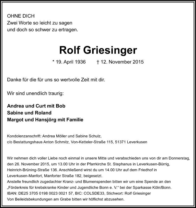  Traueranzeige für Rolf Griesinger vom 21.11.2015 aus Kölner Stadt-Anzeiger / Kölnische Rundschau / Express