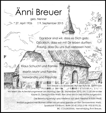 Anzeige von Änni Breuer von Kölner Stadt-Anzeiger / Kölnische Rundschau / Express