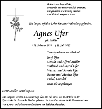 Anzeige von Agnes Ufer von Kölner Stadt-Anzeiger / Kölnische Rundschau / Express