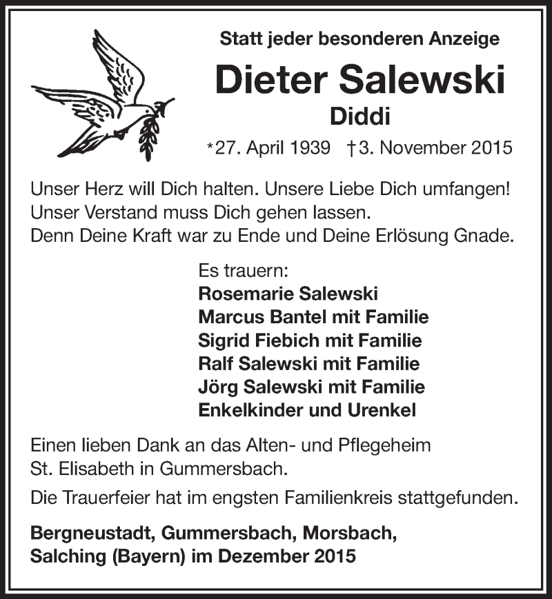  Traueranzeige für Dieter Salewski vom 09.12.2015 aus  Anzeigen Echo 
