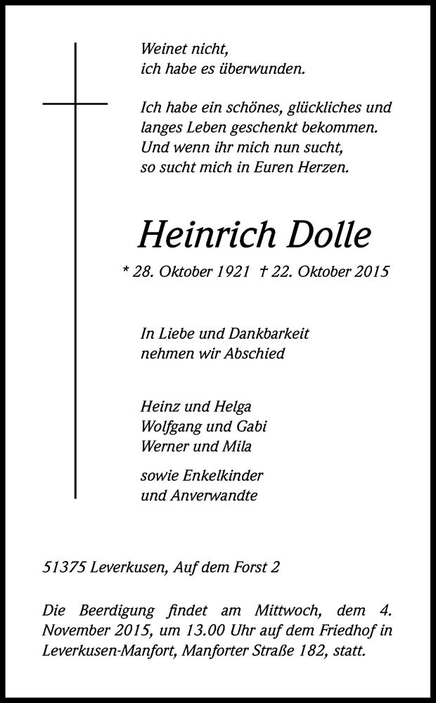  Traueranzeige für Heinrich Dolle vom 28.10.2015 aus Kölner Stadt-Anzeiger / Kölnische Rundschau / Express