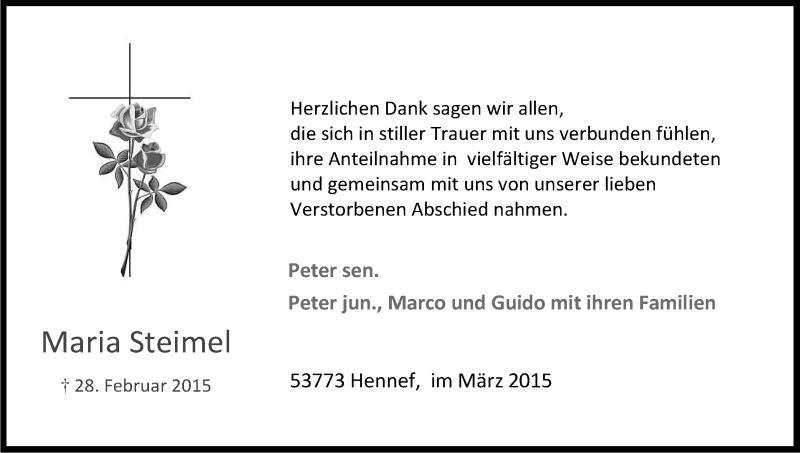  Traueranzeige für Maria Steimel vom 14.03.2015 aus Kölner Stadt-Anzeiger / Kölnische Rundschau / Express