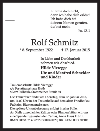 Anzeige von Rolf Schmitz von  Sonntags-Post 