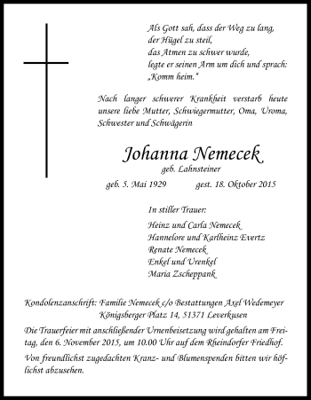 Anzeige von Johanna Nemecek von Kölner Stadt-Anzeiger / Kölnische Rundschau / Express