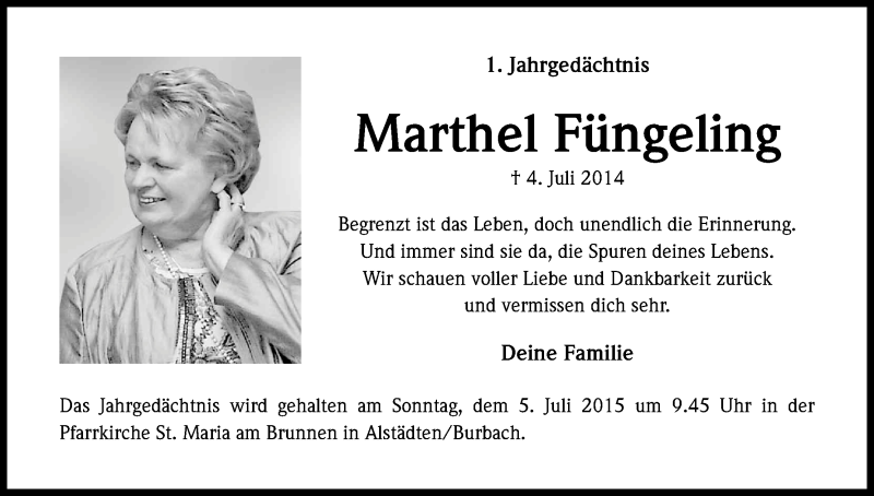  Traueranzeige für Marthel Füngeling vom 04.07.2015 aus Kölner Stadt-Anzeiger / Kölnische Rundschau / Express