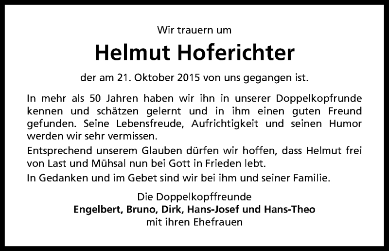  Traueranzeige für Helmut Hoferichter vom 31.10.2015 aus Kölner Stadt-Anzeiger / Kölnische Rundschau / Express
