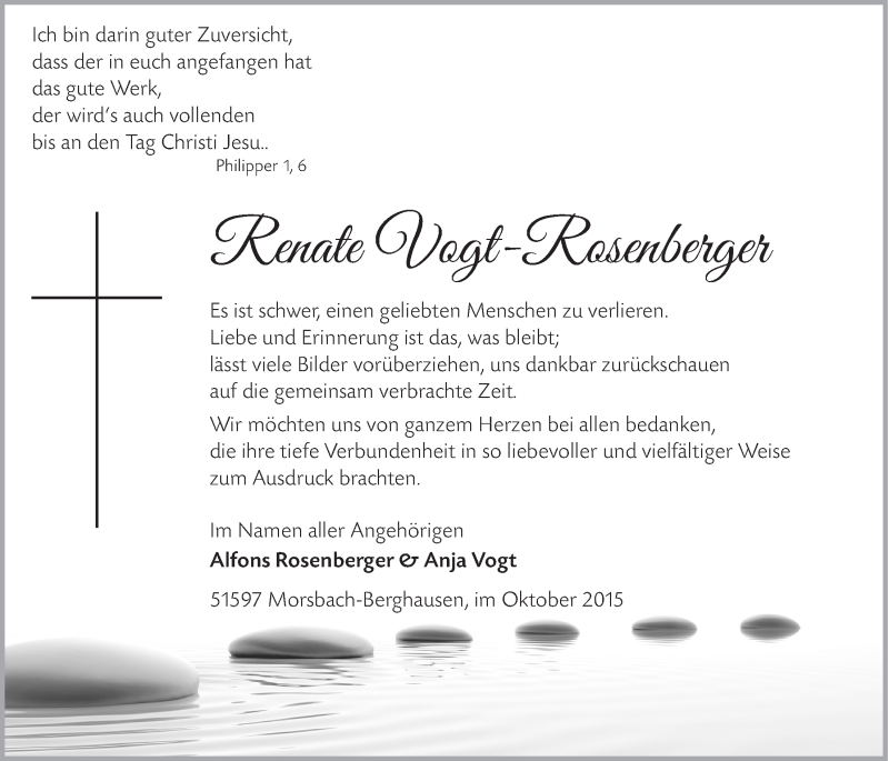  Traueranzeige für Renate Vogt-Rosenberger vom 07.10.2015 aus  Lokalanzeiger 