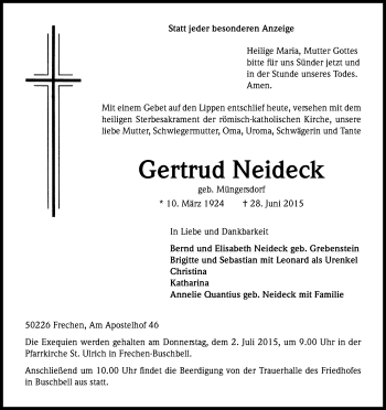 Anzeige von Gertrud Neideck von Kölner Stadt-Anzeiger / Kölnische Rundschau / Express