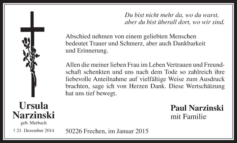  Traueranzeige für Ursula Narzinski vom 28.01.2015 aus  Wochenende 