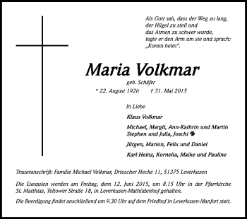 Anzeige von Maria Volkmar von Kölner Stadt-Anzeiger / Kölnische Rundschau / Express