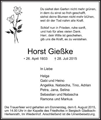 Anzeige von Horst Gießke von  Bergisches Sonntagsblatt 