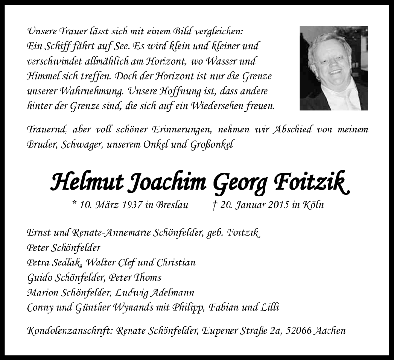  Traueranzeige für Helmut Joachim Georg Foitzik vom 24.01.2015 aus Kölner Stadt-Anzeiger / Kölnische Rundschau / Express