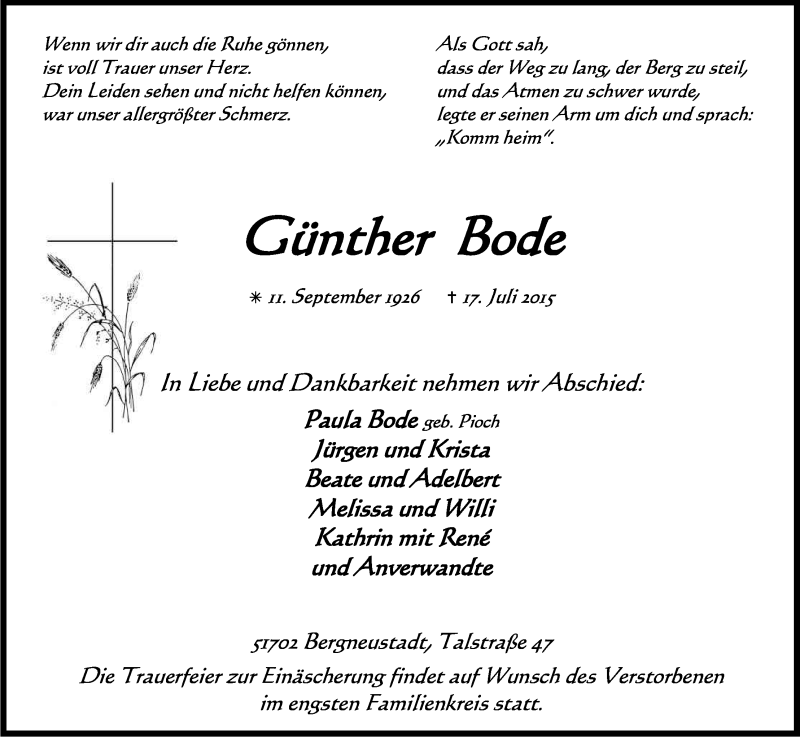 Traueranzeige für Günther Bode vom 21.07.2015 aus Kölner Stadt-Anzeiger / Kölnische Rundschau / Express