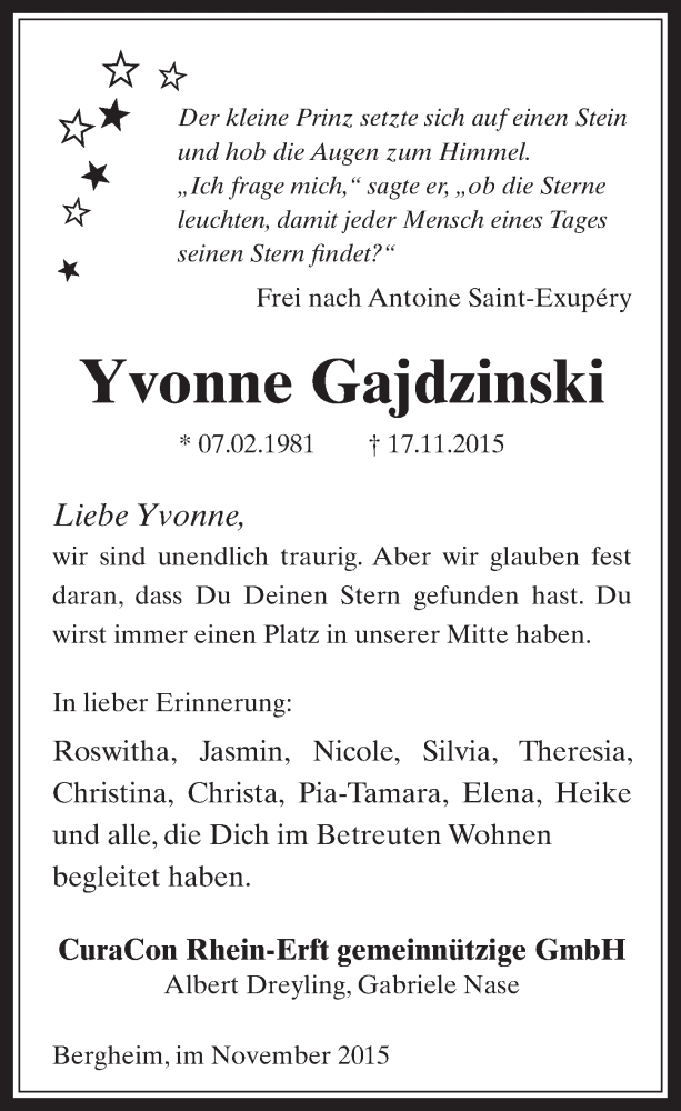  Traueranzeige für Yvonne Gajdzinski vom 02.12.2015 aus  Wochenende  Werbepost 
