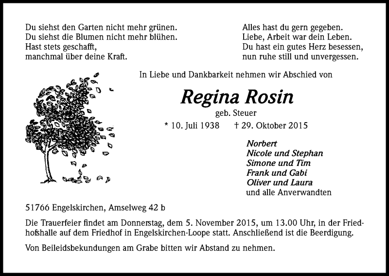  Traueranzeige für Regina Rosin vom 03.11.2015 aus Kölner Stadt-Anzeiger / Kölnische Rundschau / Express