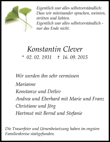 Anzeige von Konstantin Clever von Kölner Stadt-Anzeiger / Kölnische Rundschau / Express