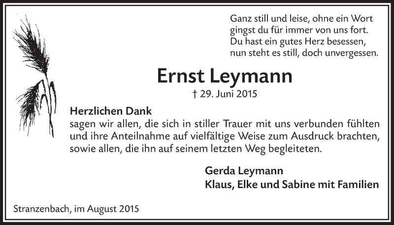  Traueranzeige für Ernst Leymann vom 19.08.2015 aus  Lokalanzeiger 